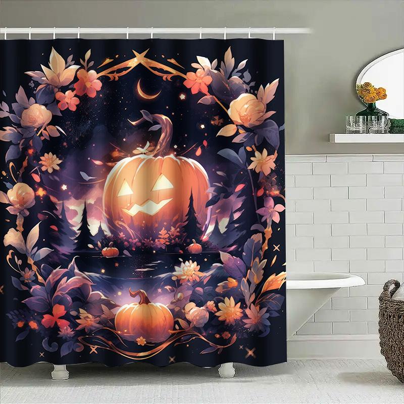 

1Pchalloween Floral Shower Curtain Cute Pumpkin Dark Background Bathroom Decor Gift W60H190(CM)-1 Pcs