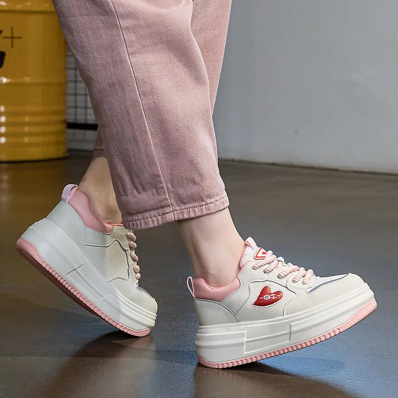 Fashion 6.5CM Genuine Leather Chunky Sneaker Flats Booties New Spring Autumn Women Vulcanize Comfy Spring Mixed Color Ankle Boots Shoes