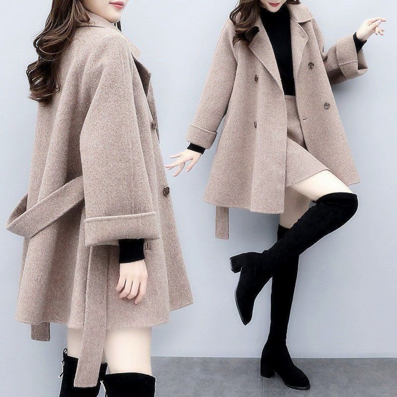 Women Winter Long Slim Woolen Blend Coat and Short Skirt Suit Women Woolen Coat Jacket Casual Outerwear Elegant