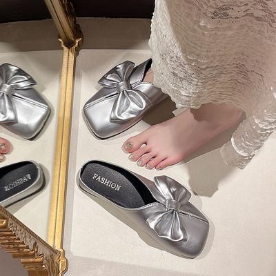 Shoes for Women Sexy with Bow Flat Woman Mules Slippers Silver Sandals Waterproof Small Size Chic and Elegant Non Slip 39 Slides