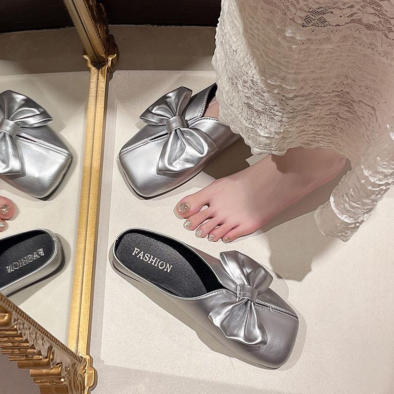 Fashion Shoes for Women Sexy with Bow Flat Woman Mules Slippers Silver Sandals Waterproof Small Size Chic and Elegant Non Slip 39 Slides