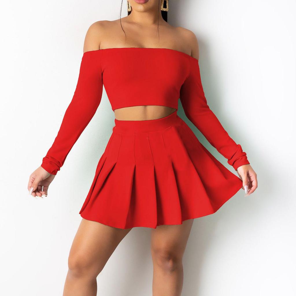 Women Long Sleeve Set Solid Color Casual Outfit Strapless Pleated Skirt Suit