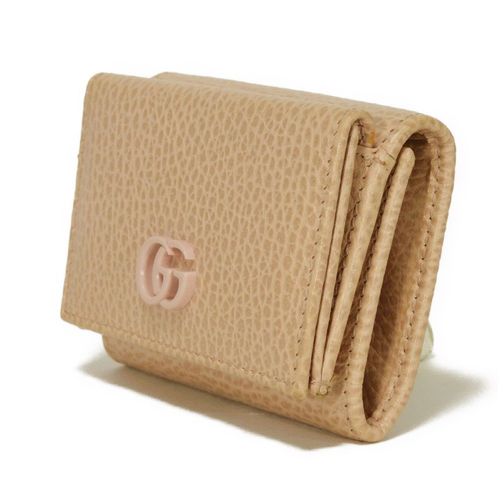 Used GG Marmont Double G Compact Wallet (9539), 735212, 7942, Calfskin Billfold Card Case and Coin Purse, Pink Beige,