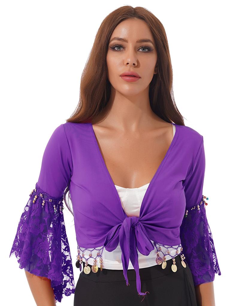 Womens Belly Dance Crop Top Lace Patchwork 3/4 Flared Sleeves Bell Bead Tassel Lace Up Detail Shawl Cardigan