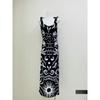 Foreign Trade Original Garment Elements Vacation Artistic Black and White Graffiti Wave Pattern Suspender Skirt Cotton Linen Strap Long Dress