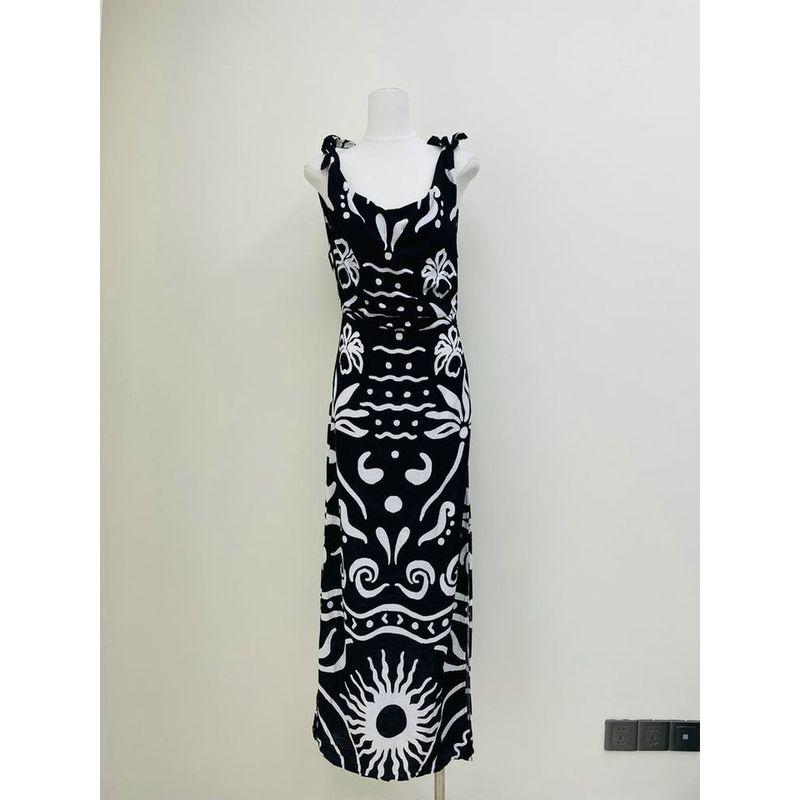 Foreign Trade Original Garment Elements Vacation Artistic Black and White Graffiti Wave Pattern Suspender Skirt Cotton Linen Strap Long dress
