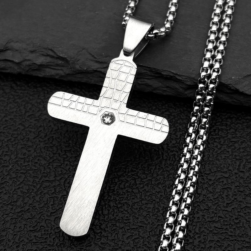 Texture Cross Pendant Necklace for Men Women Stainless Steel Gold Silver Color Christian Rhinestone Chain Amulet Jewelry Gift