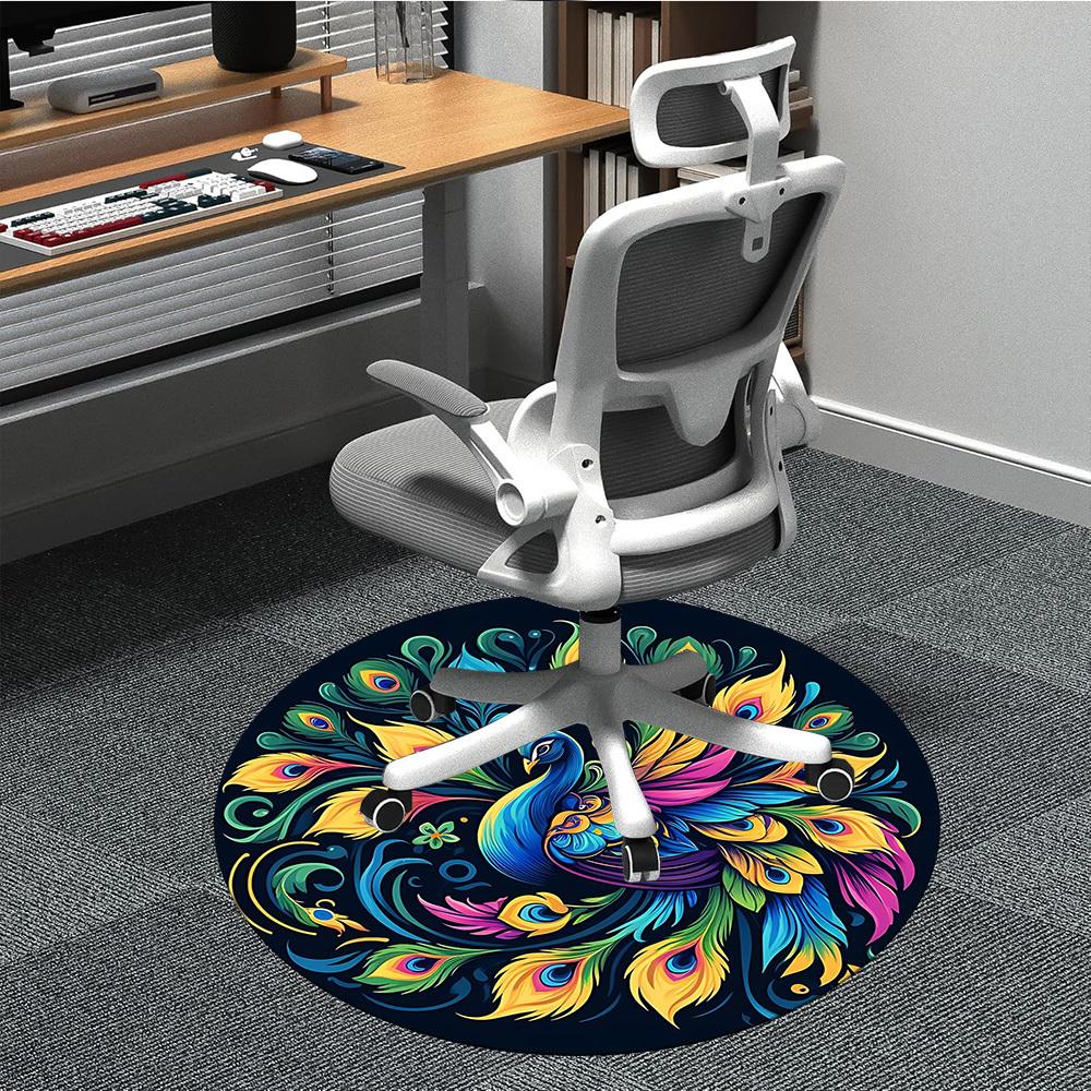 1PC Peacock Feather Design Office Round Rug, Non slip, Soft and Durable Office Rug for Interior Decoration, Perfect for Office
