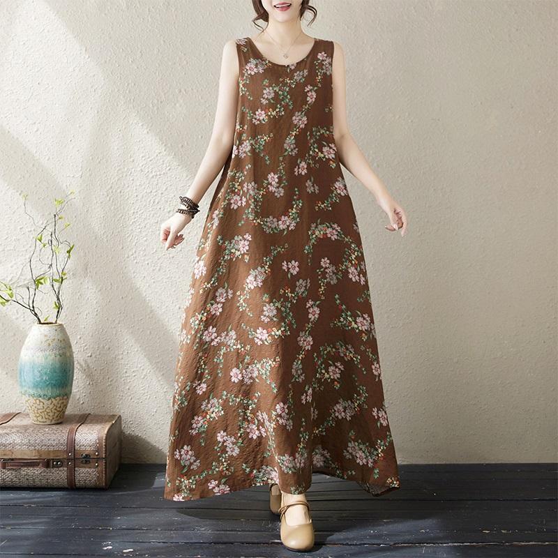 

Новое хлопковое винтажное платье с цветочным принтом без рукавов больших размеров для женщин, повседневное свободное длинное летнее платье XXL кофейный