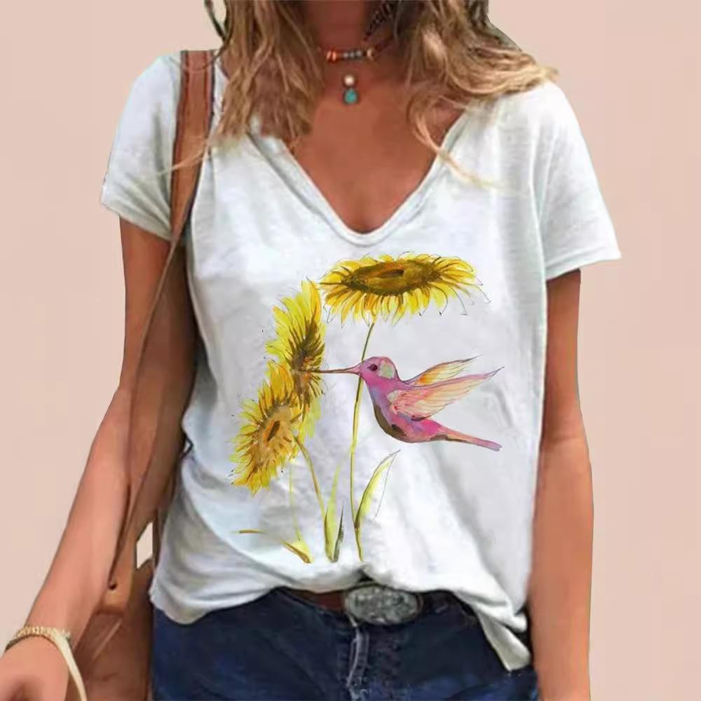New Summer Women's V-neck Short Sleeve T-shirt with High Quality 3D Printed Animal Bird T-shirt