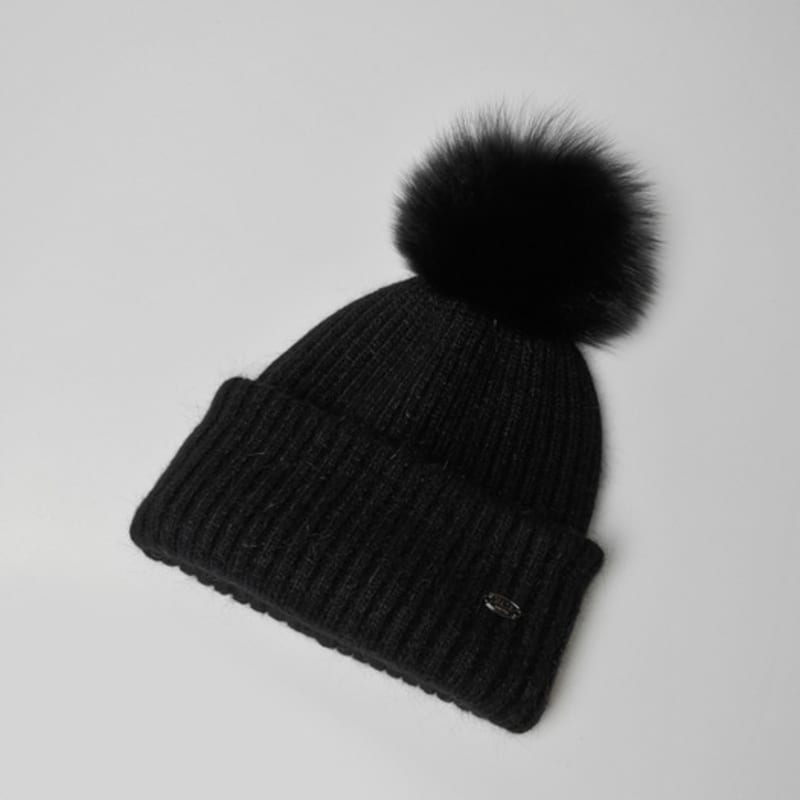 

MAIA Fox Fur Pom Pom Beanie Hat - Black FREE