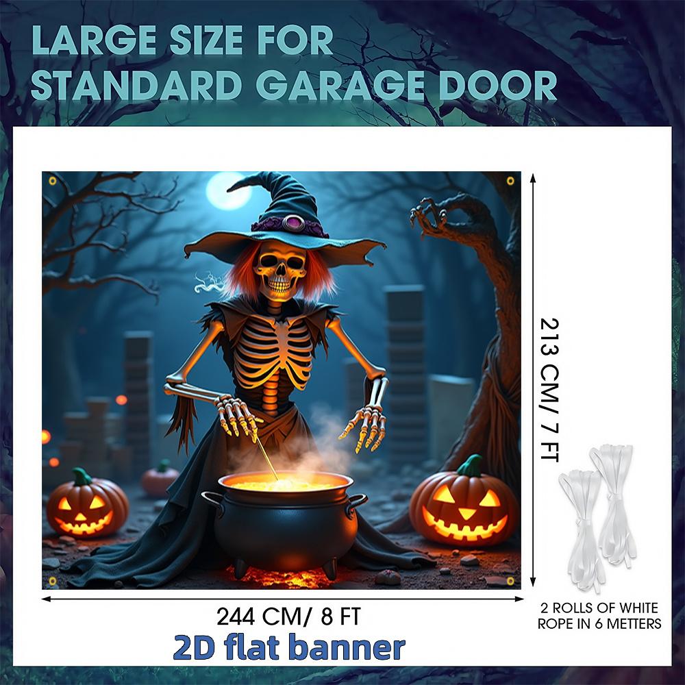 2D Flat Banner, 1pc Halloween Happy Garage Door Banner, Skeleton Witch Boiling Magic Soupzyc