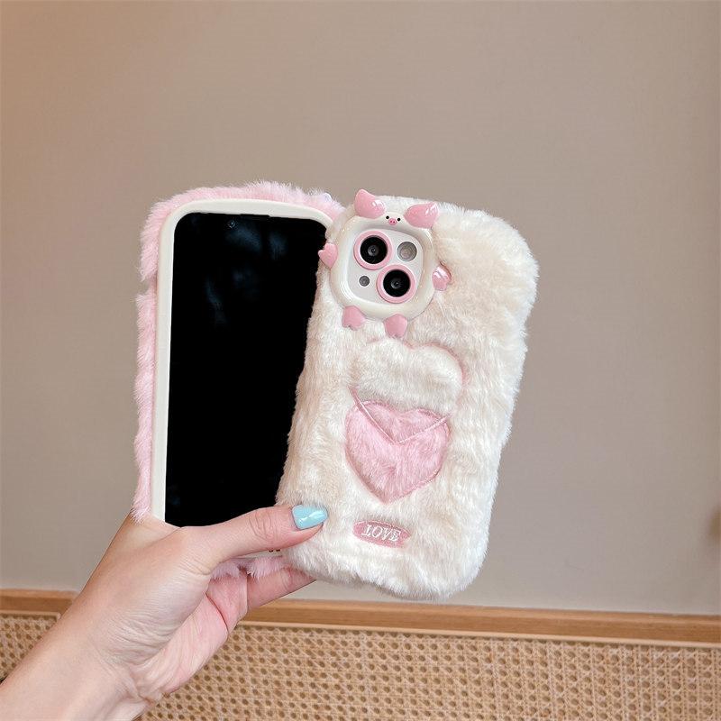 Herbst/Winter Cartoon Pig Linsenrahmen Plüsch-Handyhülle für iPhone 15 14 13 12 11 Pro Max All-Inclusive-Fallschutzhülle