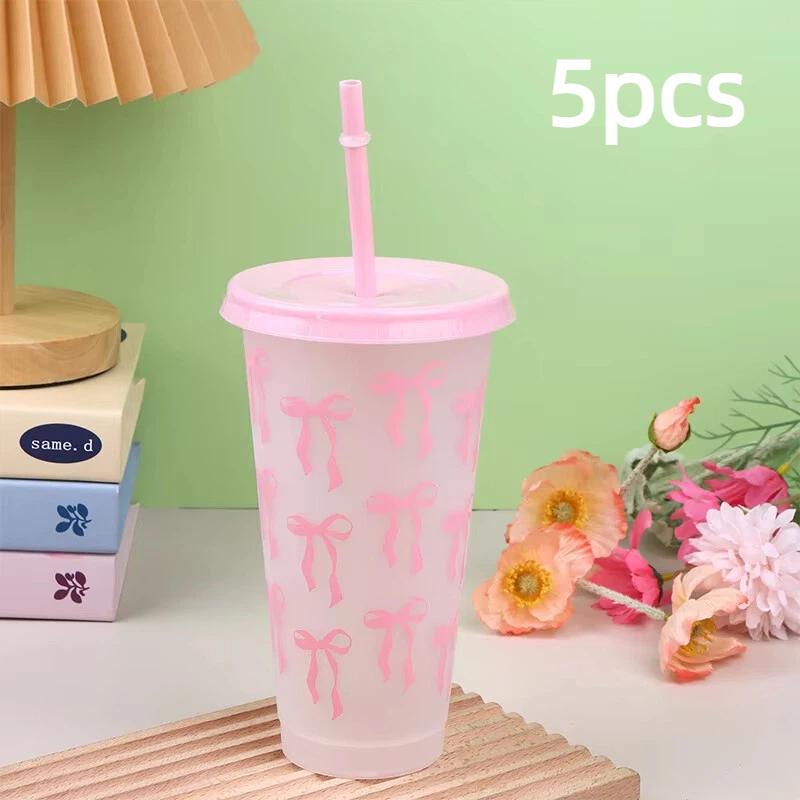 1/3/5 pack Kawaii Bow Reusable Party Cup, Coffee Juice with Straw and Lid, Cute Teacup with Straw Plastic Cup Summer Gift