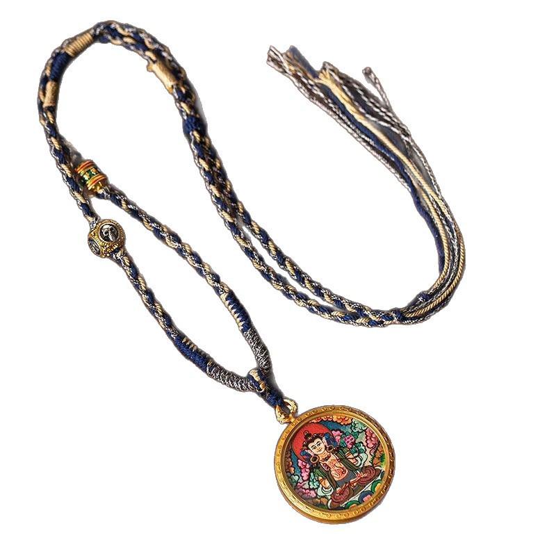 Tibetan Style Woven Thangka Pendant Necklace with Buddha Amulet and Six-Syllable Mantra.