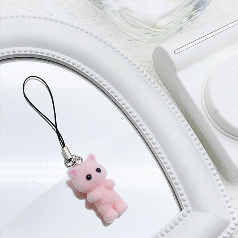 Cartoon Flocking Cat Keychain Cute Flocked Cat Animal Keyring Bag Pendant Backpack Charms Car Decor Diy Accessories Gift