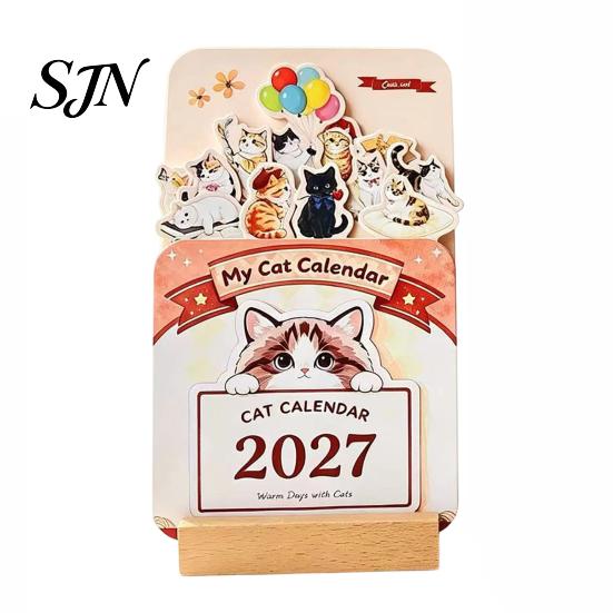 Monthly Planner For 2027 Flower Desk Calendar, English Tabletop Calendar with Wooden Base, Floral & Cat Decorative for Office Home Desktop Cute