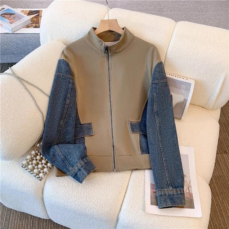 Y2k Vintage Denim Patchwork Long Sleeve Coat Women+ High Waist Loose Straight Wide Leg Pants Two Piece Sets