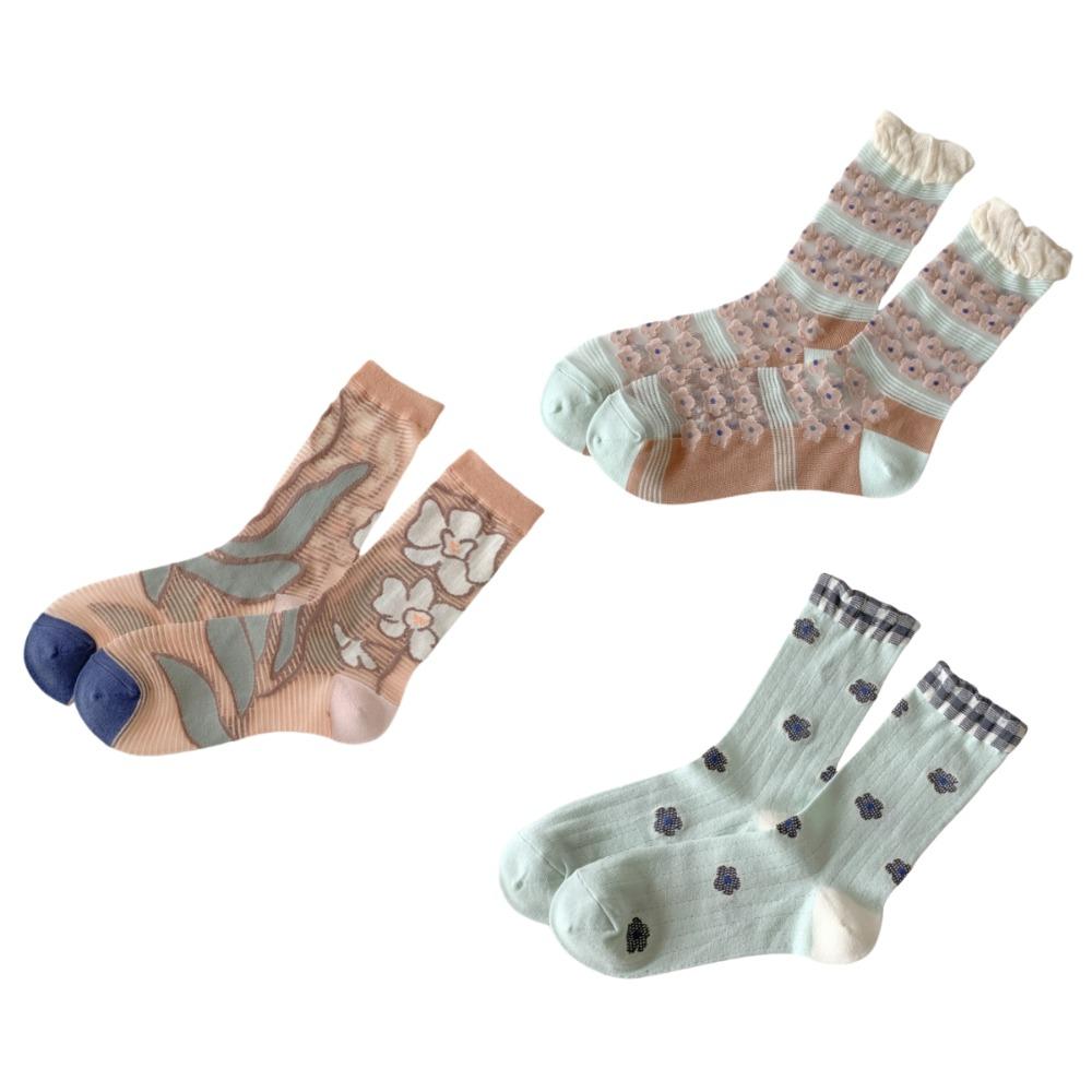 

2/3Pairs Flower Crystal Silk Tube Socks Stripe Mid Calf Socks Women Transparent Flower Socks Summer 3Pairs