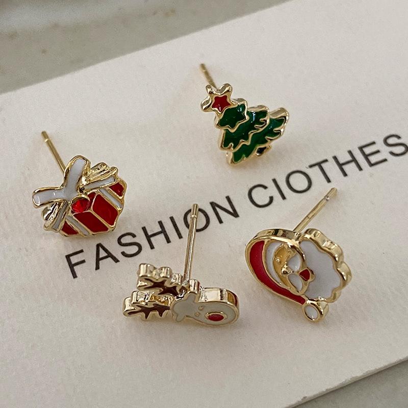 

4PCS Christmas Themed Jewelry Set for Women - Santa Claus Elk Tree Star Crystal Earrings Stud Dangle Fashion Party Gift