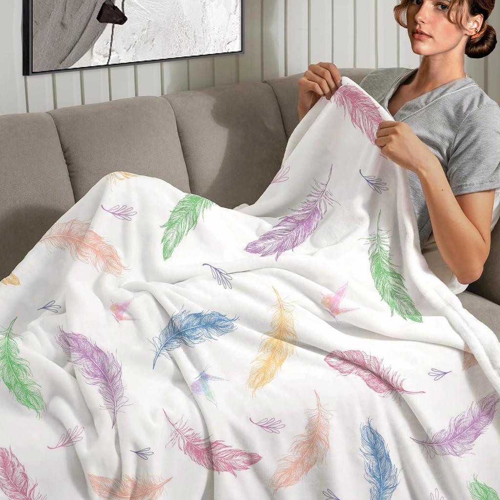 Colored Feather Printed Blanket Watercolor Bohemian Comfort Flannel Blanket For Sofa Bed Blanket