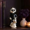 3D Carved Skeleton Decoration Grim Reaper & Ghostly Puppy Resin Figurine, Black Robed with Cute Dark Healing Halloween Figure Ghost Dog Statue, Gothic