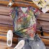 Summer V-neck 3D Flower Pattern Printed Top Fashionable Casual Short Sleeved Women's T-shirts