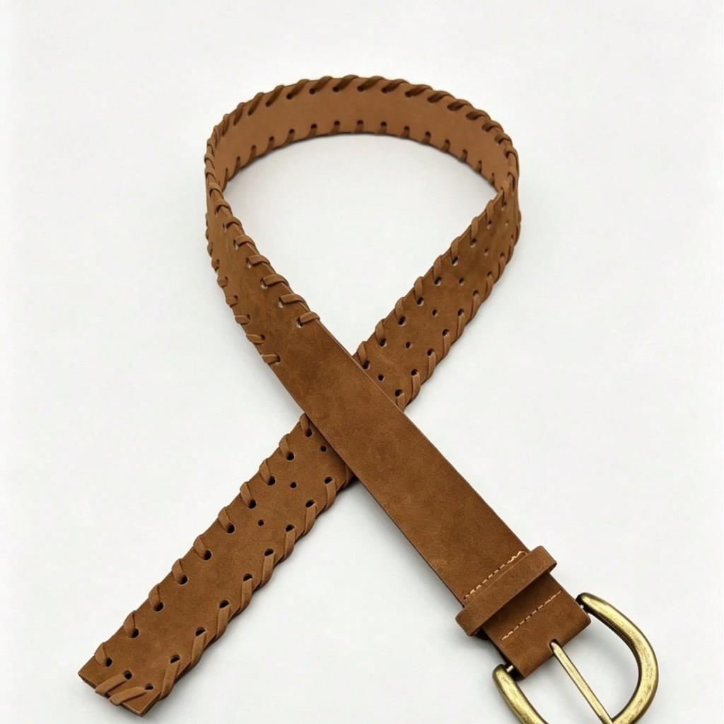 Neutral Style Retro Woven Suede Brown Hollow Decoration Versatile Metal Buckle Belt