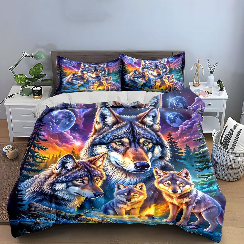 Mystical Wolves In Moonlit Forest Bedding Duvet Cover Set (1*Duvet Cover 2*Pillowcases, Without Duvet Insert)