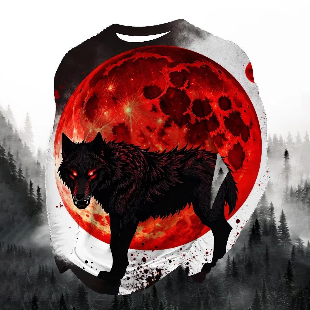 2024 men's fashion print round neck long sleeve party autumn sports casual pullover men 3d lonely wolf blue print tops