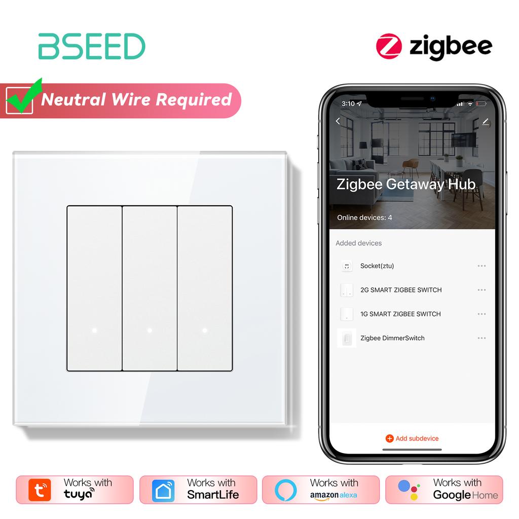BSEED ZigBee Click Switches Series Wall Smart Click Light Switches Yellow Backlight Glass Frame Tuya APP Switch EU Standard