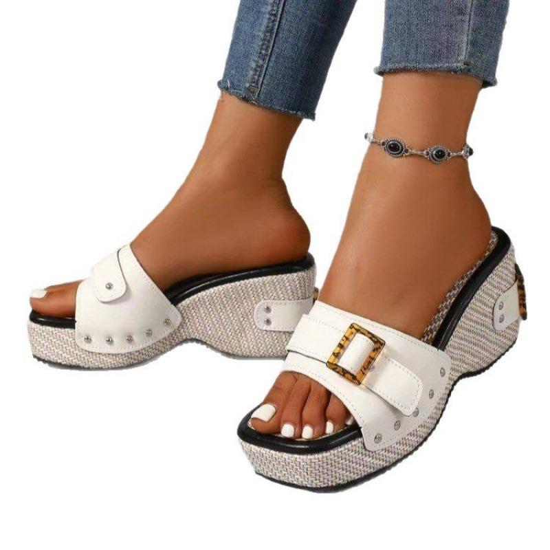 Square-toed Flip-flops for Women In Summer, Thick-soled One-line Flip-flops with Belt Buckles