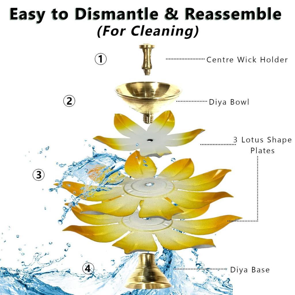 Set of 1 Lotus Shaped Large Size Brass Diya for Puja (6inch Yellow Petals) Center Wick Holder Pital Akhand Kamal Deep Vilakku for Home Décor,