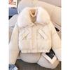 Womens Short Puffer Jacket With Detachable Faux Fur Collar Winter Warm Cotton-Padded Coat Loose Fit Small Stature