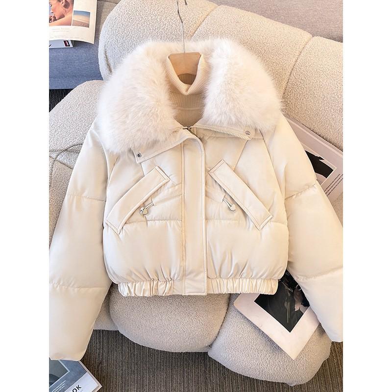 Womens Short Puffer Jacket With Detachable Faux Fur Collar Winter Warm Cotton-Padded Coat Loose Fit Small Stature