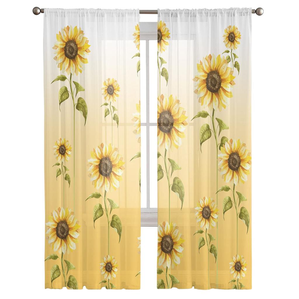 Sunflower Curtains Panels Set Yellow Kitchen Curtain Drapes Privacy Voile Living Room Bedroom Summer Sheer Polyester With Rod Pocket Sitting Decor