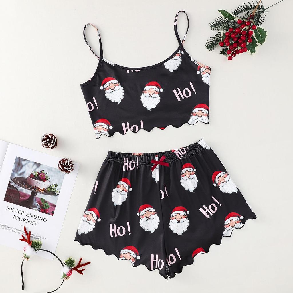 Christmas Style Milk Silk Camisole and Shorts Two-Piece Pajama Set