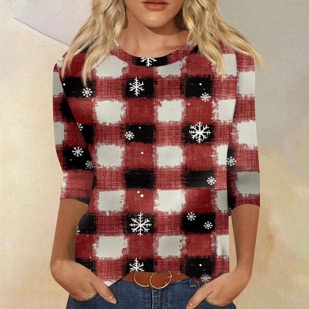 Damenmode, lässiges Oberteil mit sieben Ärmeln und Weihnachtsdruck, Rundhalsausschnitt