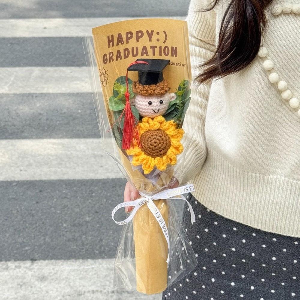 New Handmade Crochet Graduation Bouquet Home Decor Graduation Gifts Bear Crochet Sunflower Bouquet Cute Doctoral Bouquet