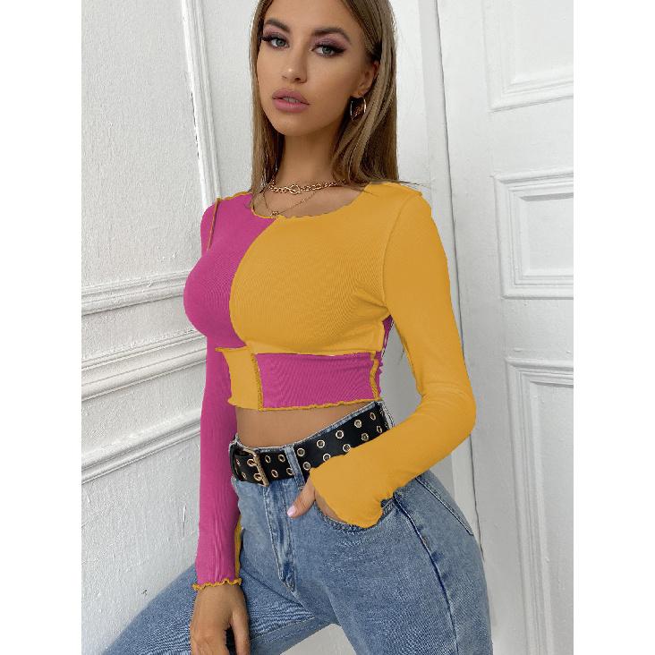 Women'S Short Cut Patchwork Color Casual Round Neck Long Sleeved Short Cut Top