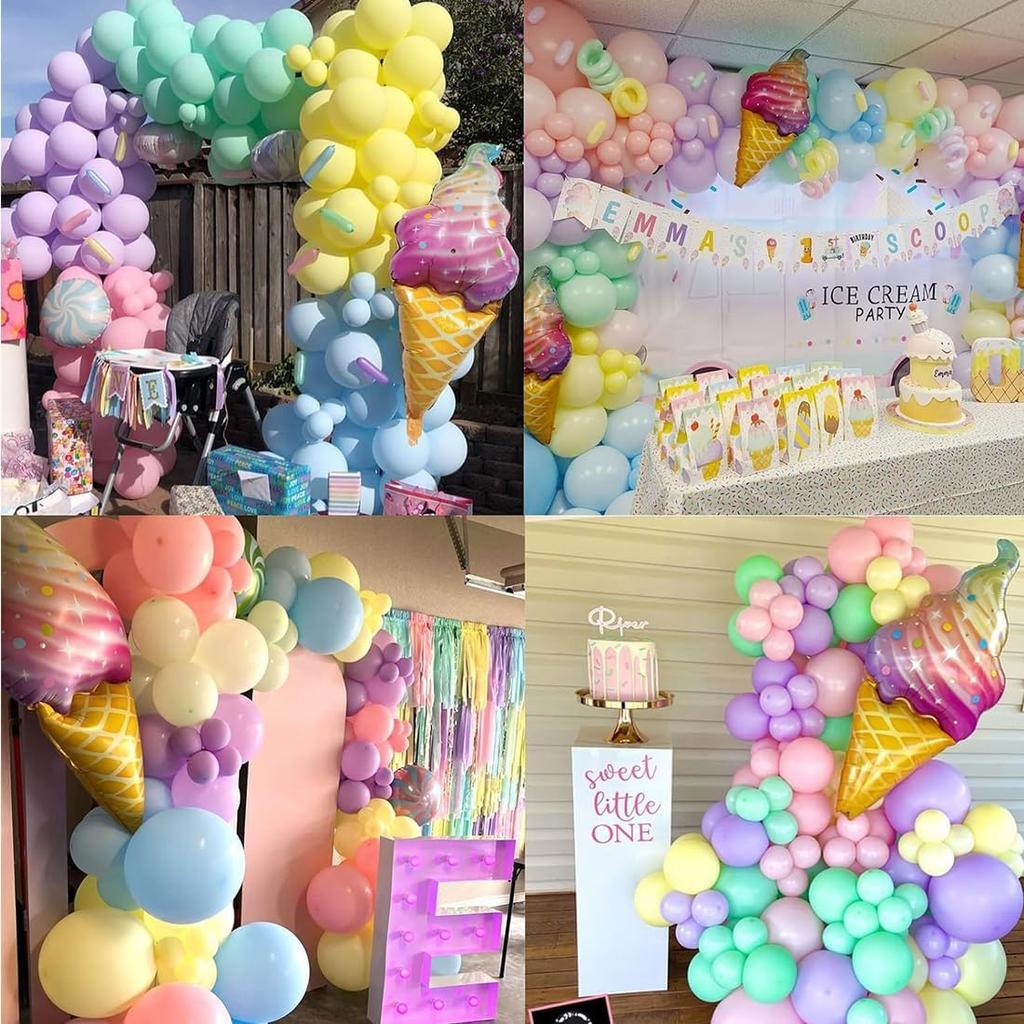 Pink colored balloon arch wreath set, cute ice cream themed macaron balloon set for birthday party shower party decoration