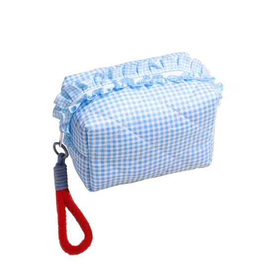 Cosmetic Bag with Contrast Color Bracelet Embellishment Ruffle Decoration Makeup Organizer Plaid Quilting Design Makeup Bag