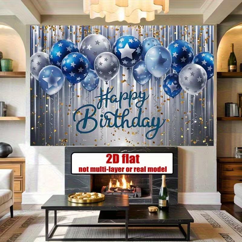 2D Blaue & Silberne Konfetti Happy Birthday Hintergrundbanner für Männliche Partyartikel