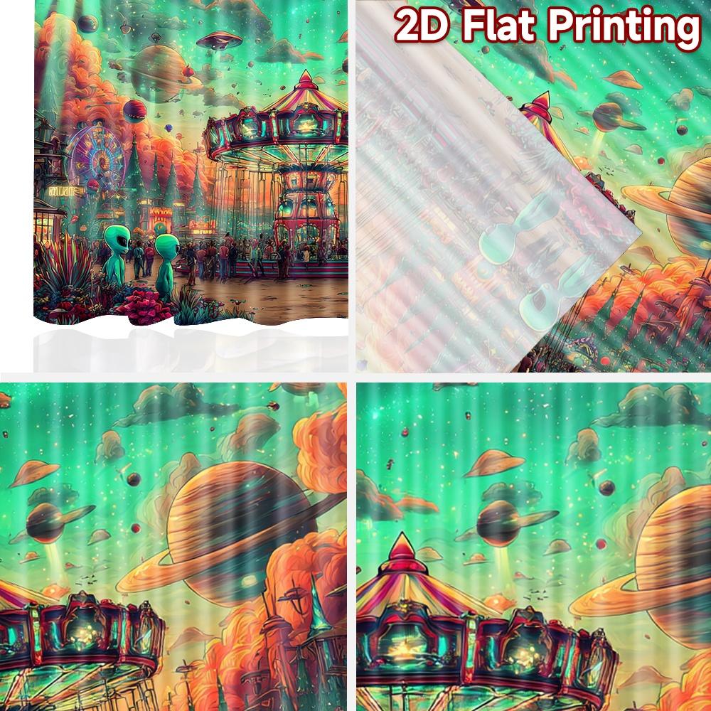 2D Flat Printing 2pcs Window Curtains Alien Amusement Park Ride UFO Digital Printed Polyester Drapes Festive Wall Decor Perfect