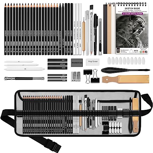 

HIFORNY 60-Piece Drawing Kit with Sketching Pencil Set, Art Supplies for Adults and Artists with 3-Color Sketchbook, Graphite, Charcoal, and Drawing P