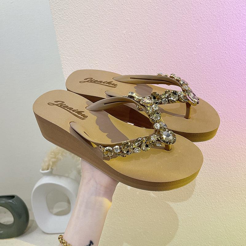 Fashion Rhinestone Platform Flip-flops Women's Summer 2025 New Fashion Korean Beach Slides Casual Wedge Women Sandals Sapatos De Mujer