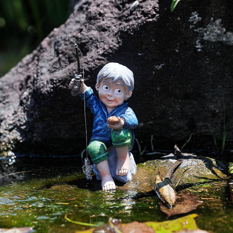 Décoration de Jardin Fisherboy Figurine Résine Ornements Pelouse Extérieure Maison Garçon Pêcheur Sculpture Décorative pour Maisons Bureaux Cour