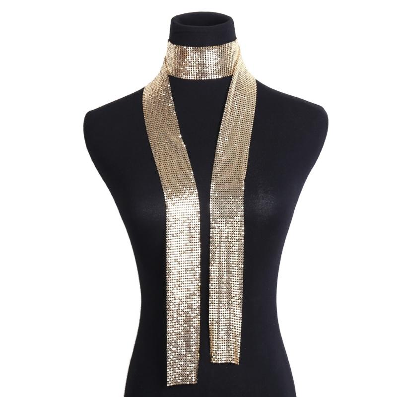 Women Glitter Sparkle-Metal Sequins Neck Tie Scarf Party Evening Long Thin Skinny Tie Shawls Neckerchief Necklace-Decor
