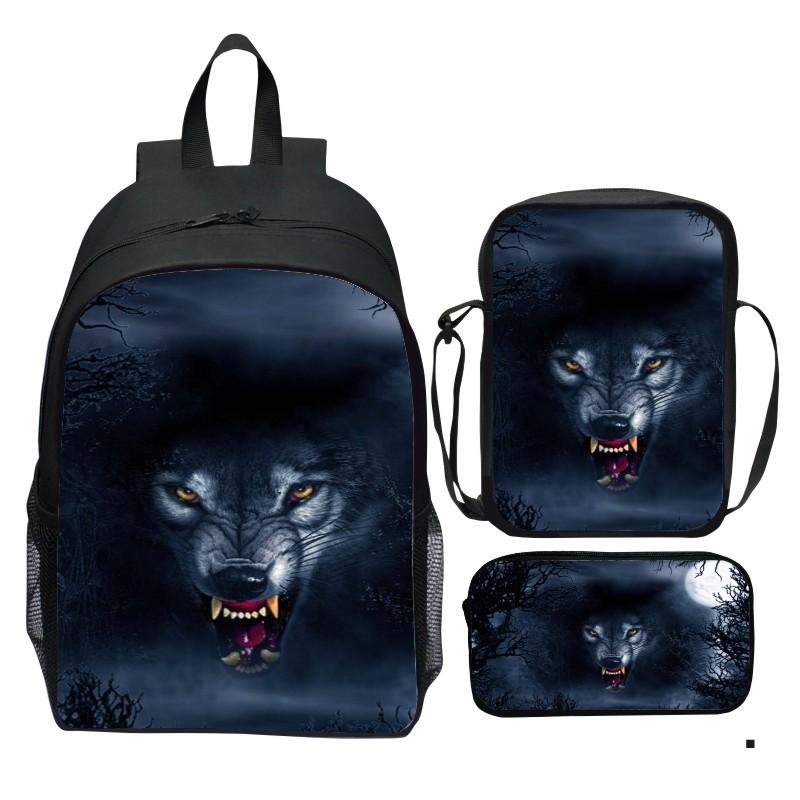 Bedruckter Universum Sternenhimmel Rucksack 3-teiliges Set Tier Wolf Löwe Rucksack Kleine Umhängetasche Federmäppchen