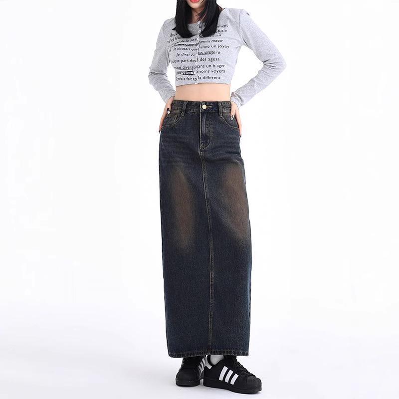 

Women s Spring/Summer High-Waist A-Line Midi Denim Skirt Medium